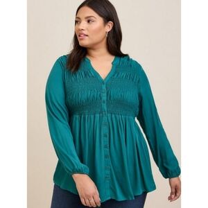 Torrid Size 00 Rayon Twill Smocked Button Front Tunic Top Pacific Blue